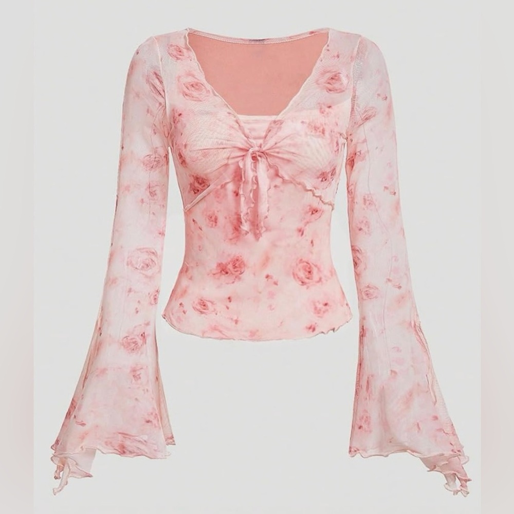 Y2K Pink Sheer Floral Mesh‎ Bell Long Sleeve Top Fairy Coquette Goth Boho Flowy